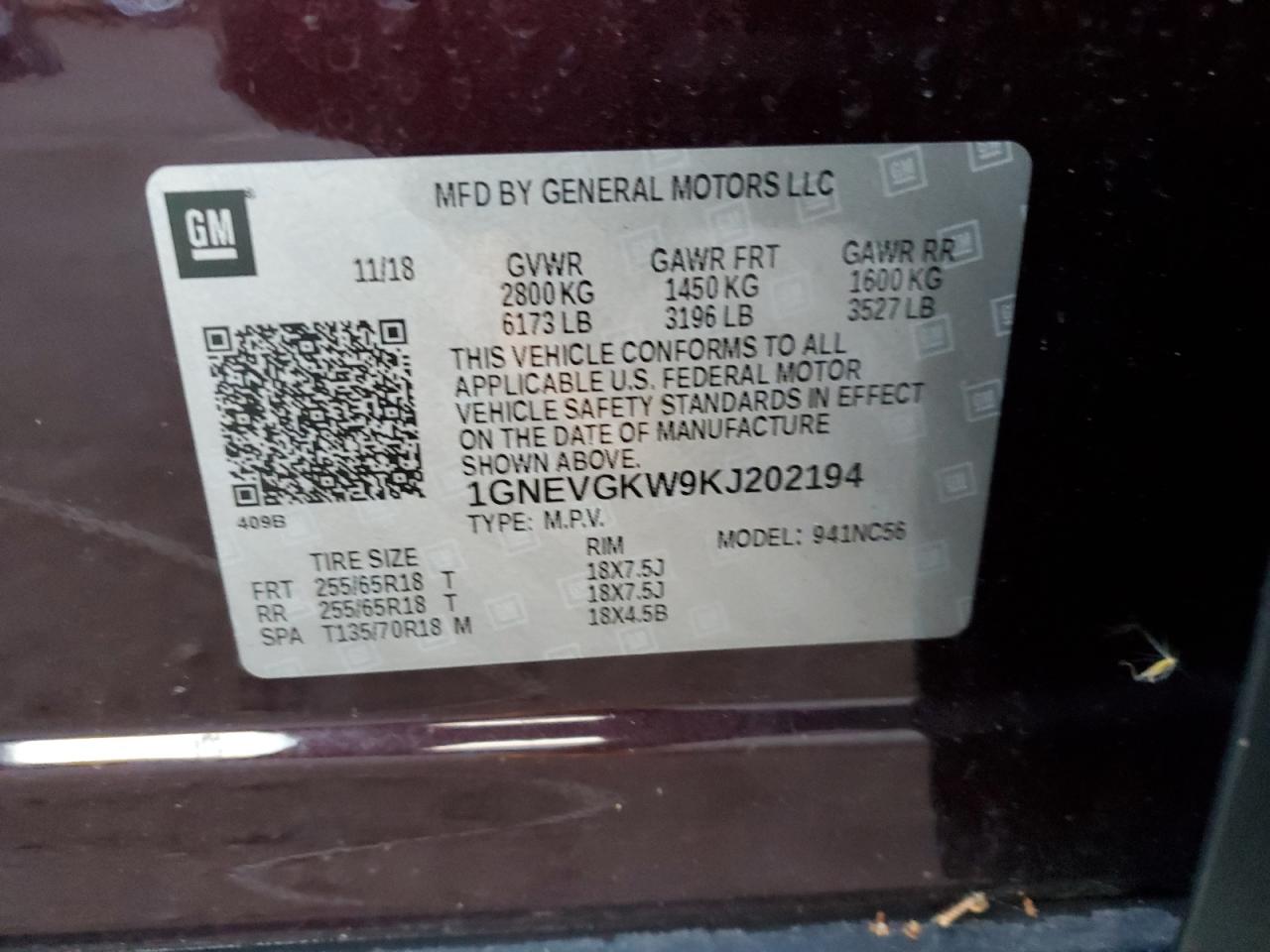 2019 Chevrolet Traverse Lt VIN: 1GNEVGKW9KJ202194 Lot: 83291094