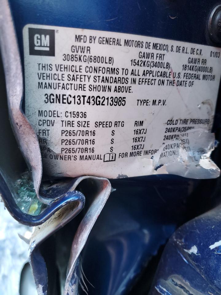 2003 Chevrolet Avalanche C1500 VIN: 3GNEC13T43G213985 Lot: 85785334