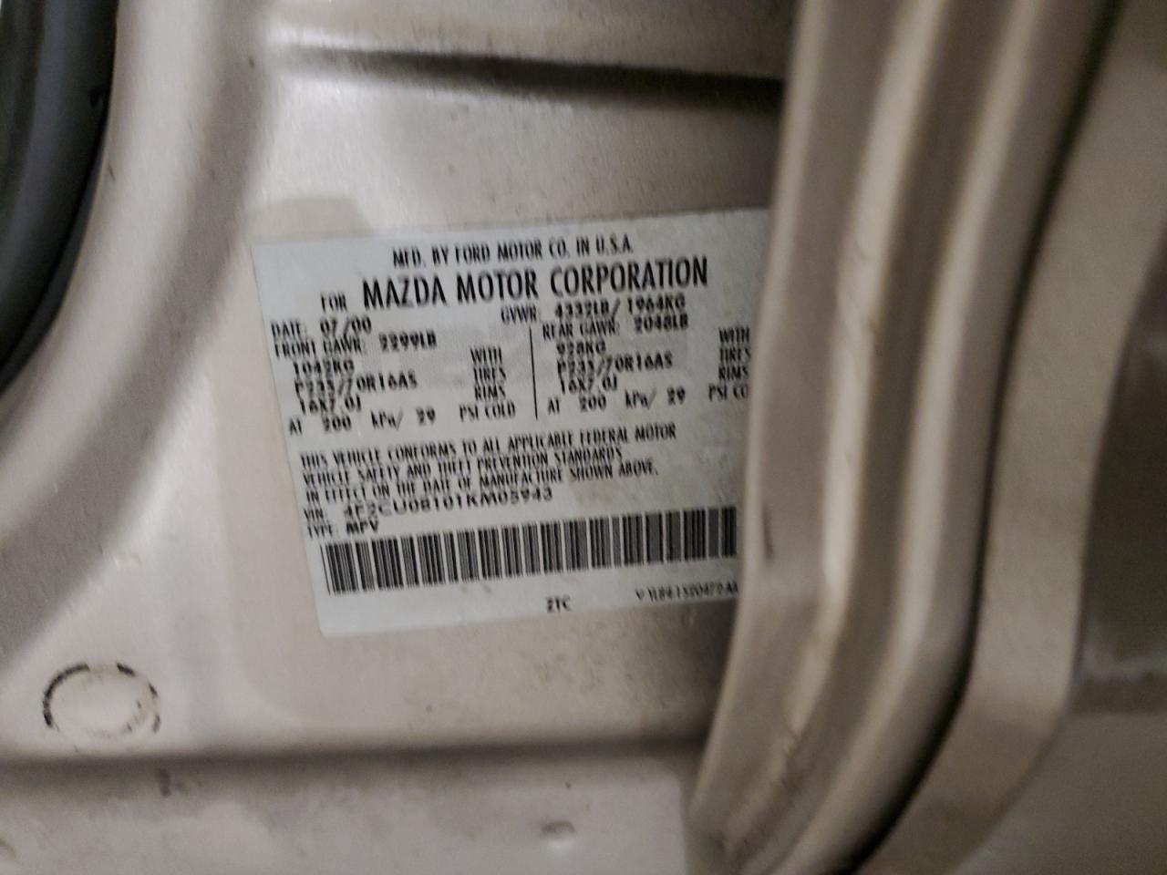 2001 Mazda Tribute Lx VIN: 4F2CU08101KM05943 Lot: 84077694