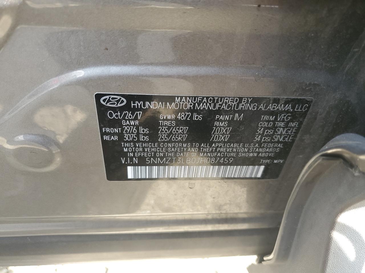 VIN 5NMZT3LB0JH087459 2018 HYUNDAI SANTA FE no.13