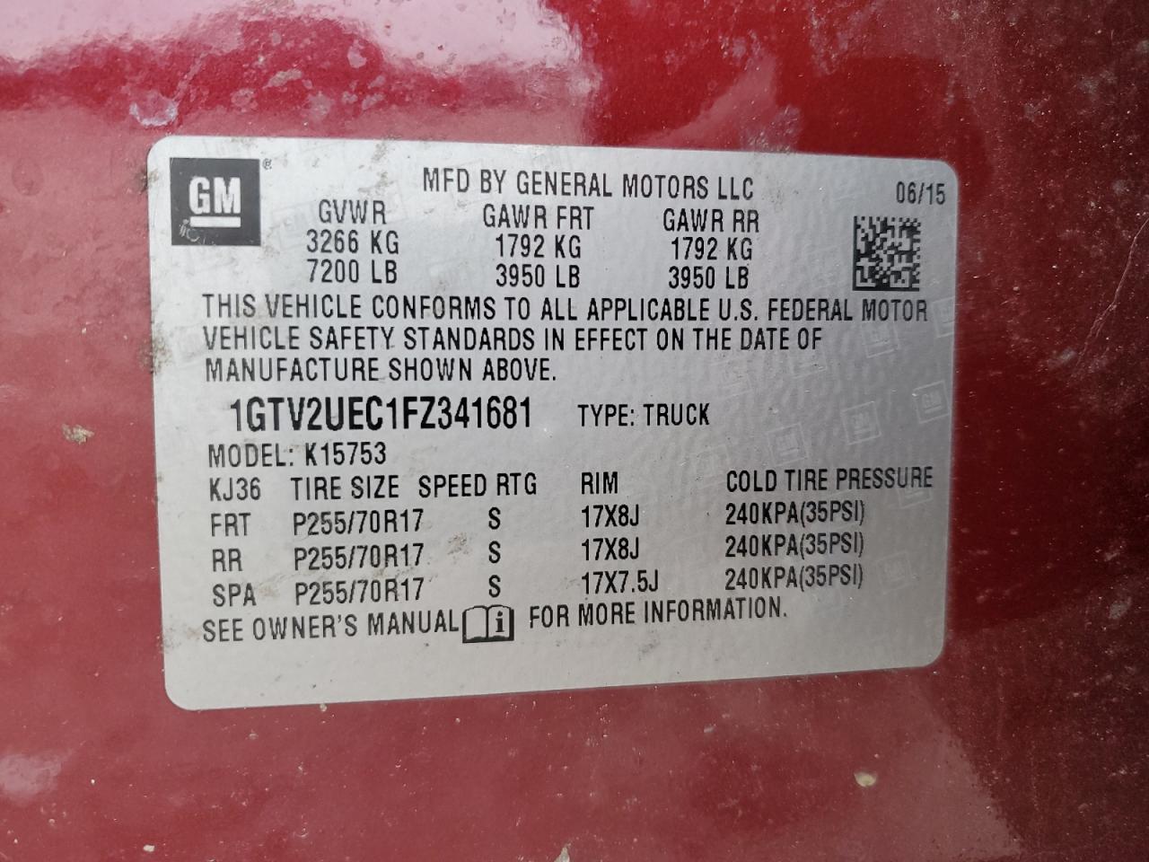 VIN 1GTV2UEC1FZ341681 2015 GMC SIERRA no.13