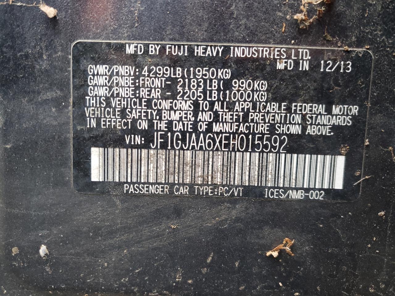 2014 Subaru Impreza VIN: JF1GJAA6XEH015592 Lot: 85389524