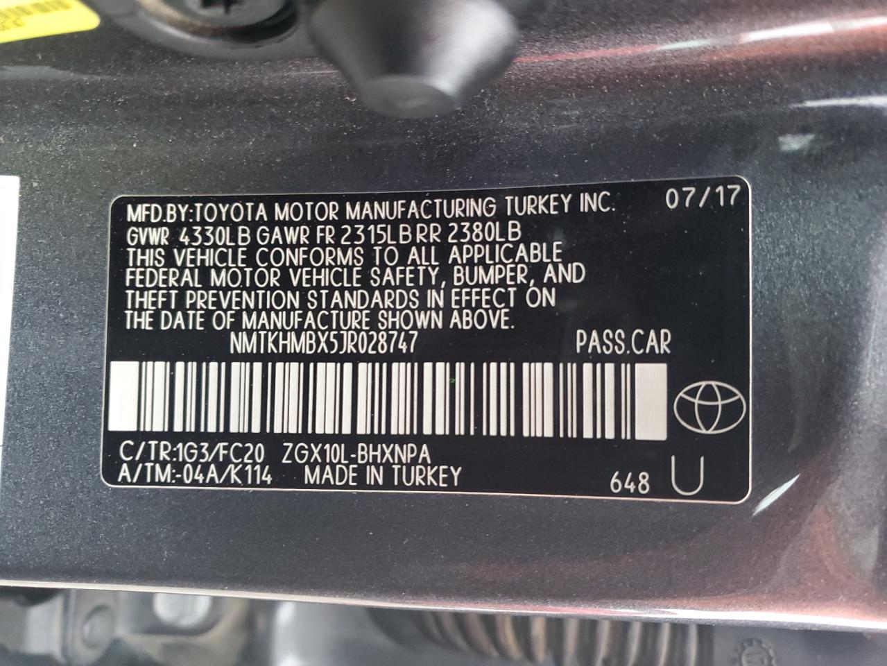 VIN NMTKHMBX5JR028747 2018 TOYOTA C-HR no.12