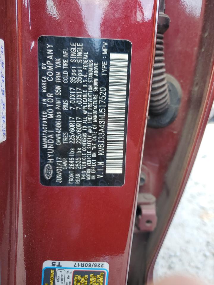 2017 Hyundai Tucson Limited VIN: KM8J33A43HU517520 Lot: 86249704