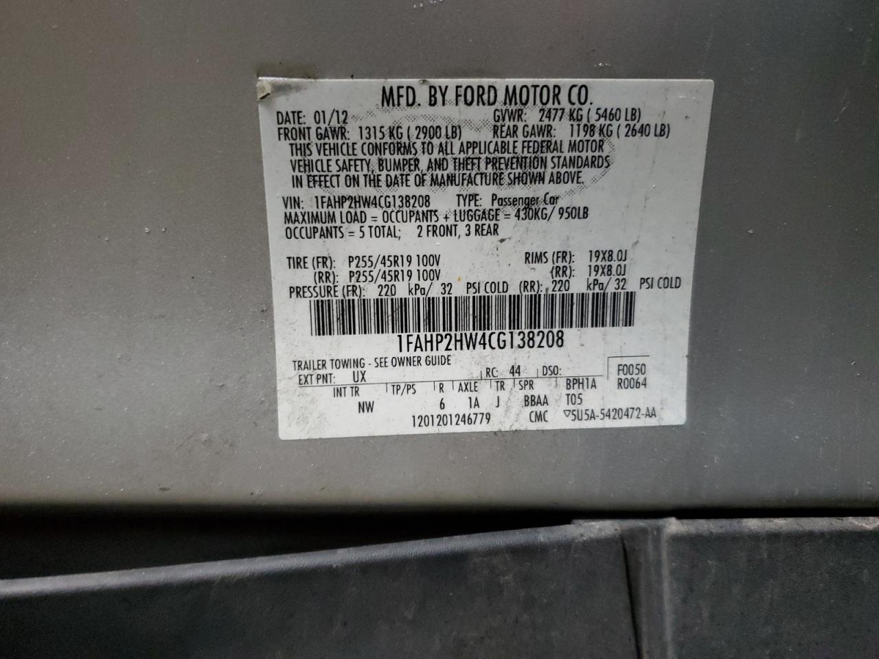 2012 Ford Taurus Sel VIN: 1FAHP2HW4CG138208 Lot: 85154164