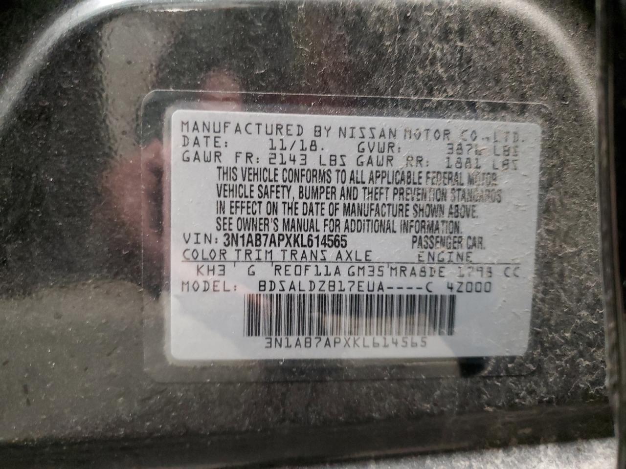 VIN 3N1AB7APXKL614565 2019 NISSAN SENTRA no.12