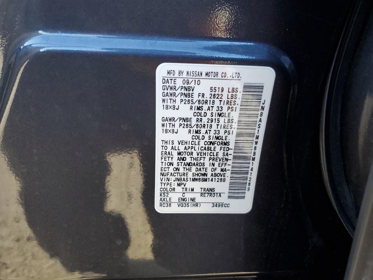 2011 Infiniti Fx35 VIN: JN8AS1MW6BM141268 Lot: 86726494