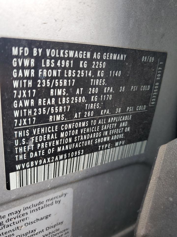 2010 Volkswagen Tiguan Se VIN: WVGBV9AX2AW510953 Lot: 80888454