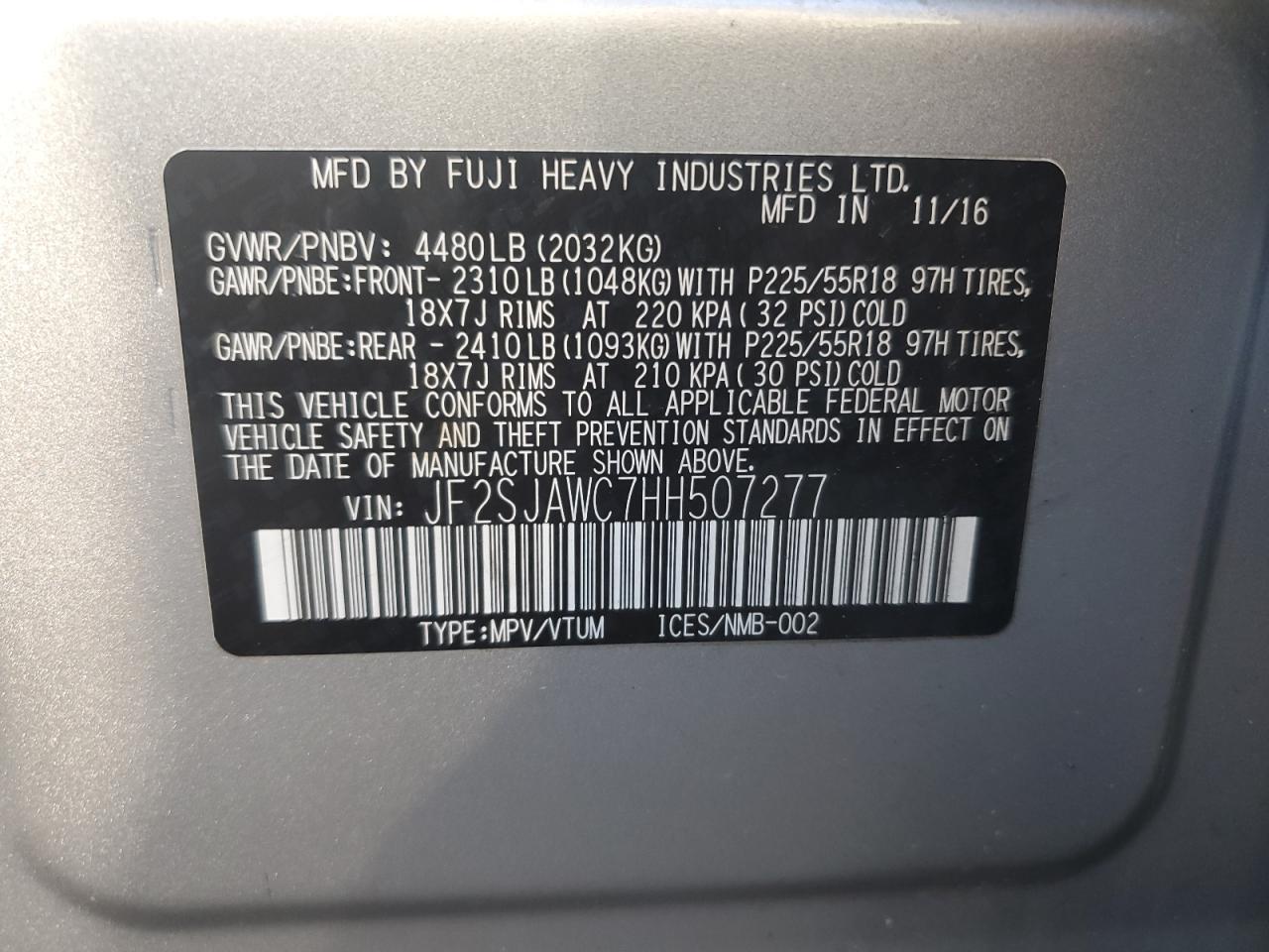 VIN JF2SJAWC7HH507277 2017 SUBARU FORESTER no.13