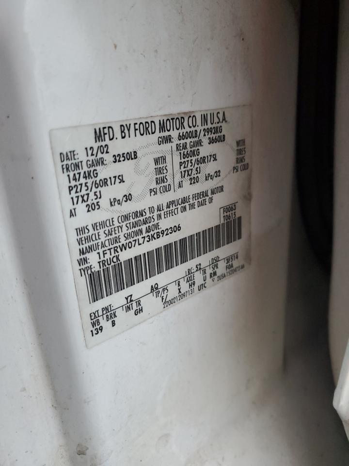 2003 Ford F150 Supercrew VIN: 1FTRW07L73KB92306 Lot: 51946435