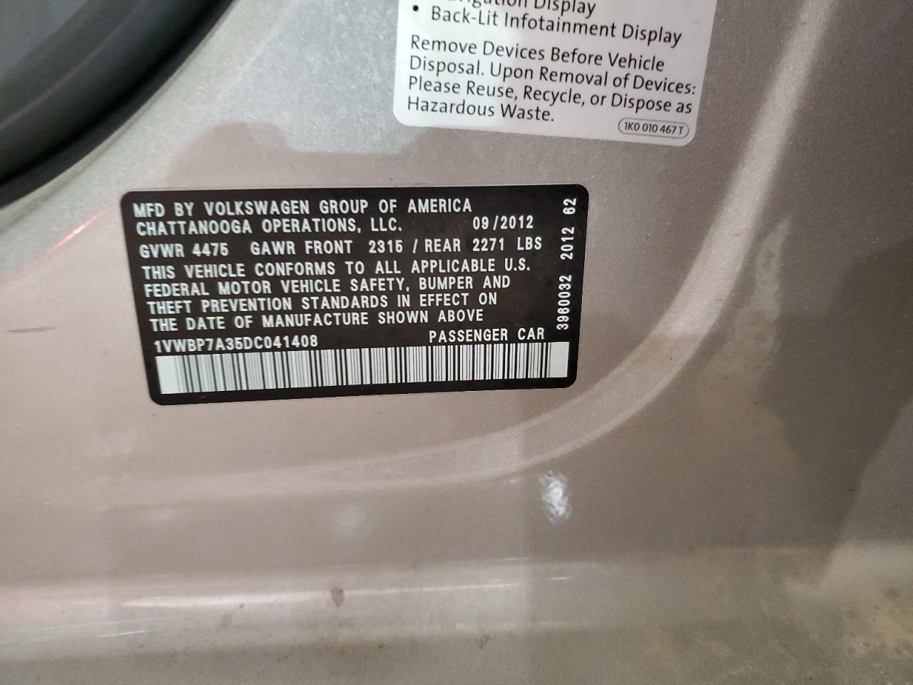 2013 Volkswagen Passat Se VIN: 1VWBP7A35DC041408 Lot: 85733914