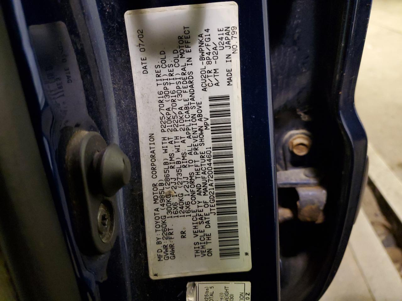 2002 Toyota Highlander VIN: JTEGD21A720044601 Lot: 85503164