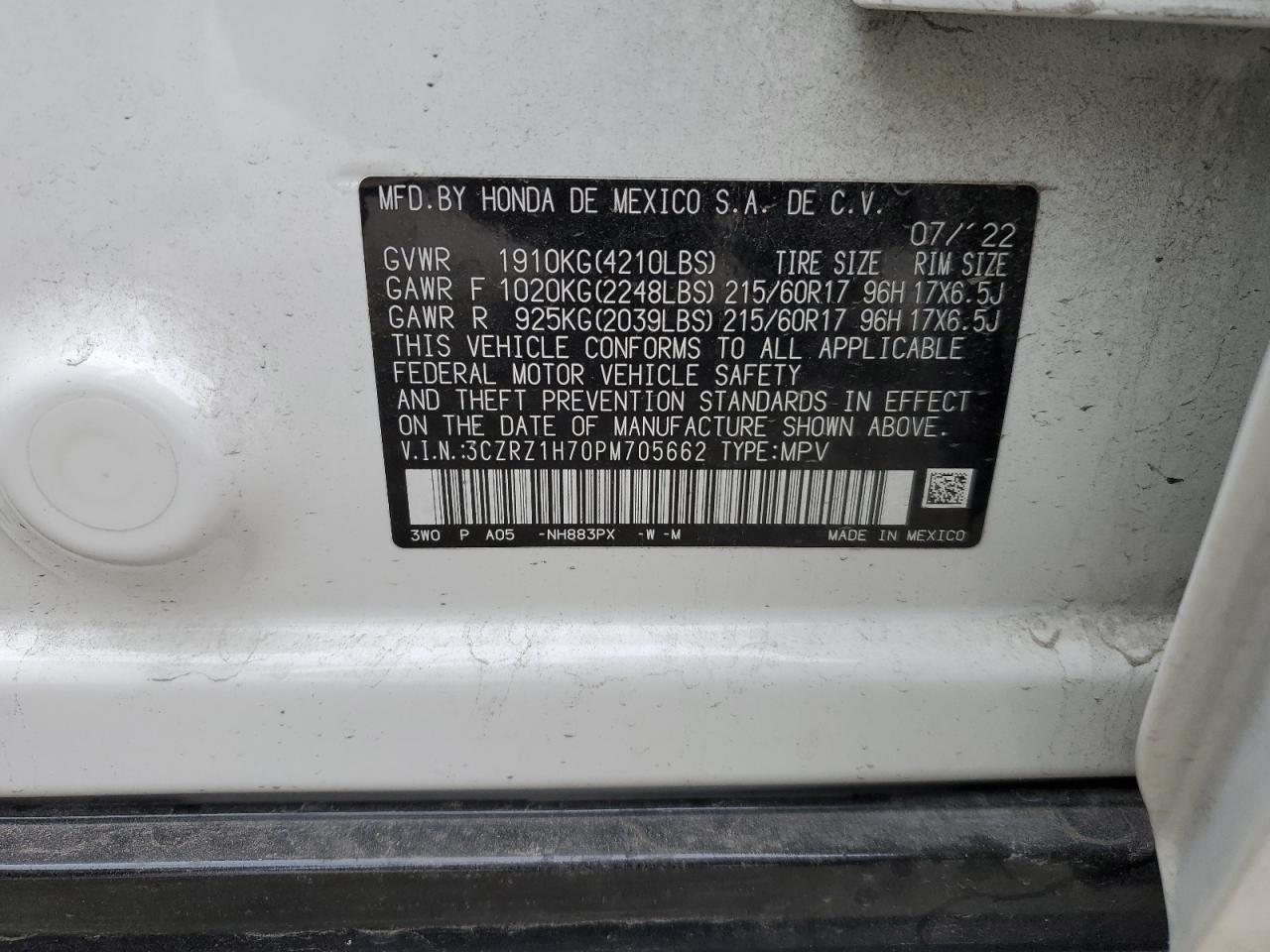 VIN 3CZRZ1H70PM705662 2023 HONDA HR-V no.13