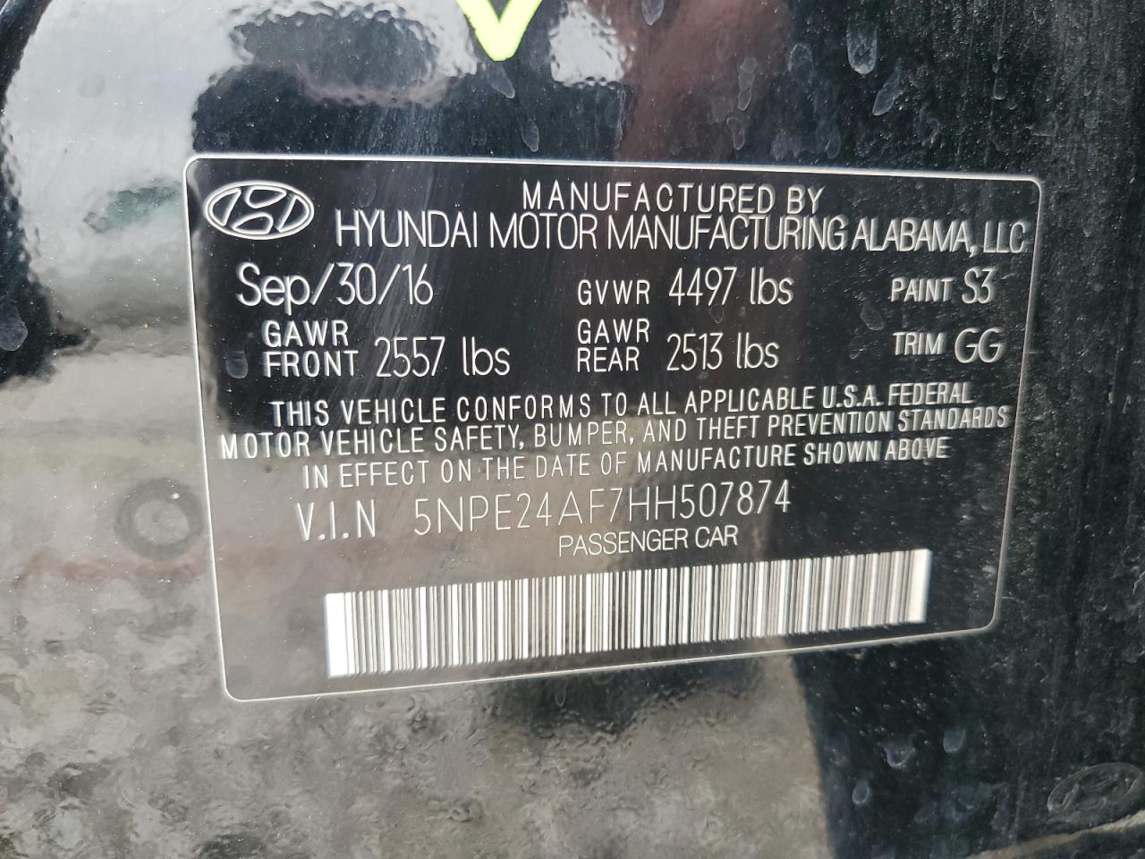 VIN 5NPE24AF7HH507874 2017 HYUNDAI SONATA no.13