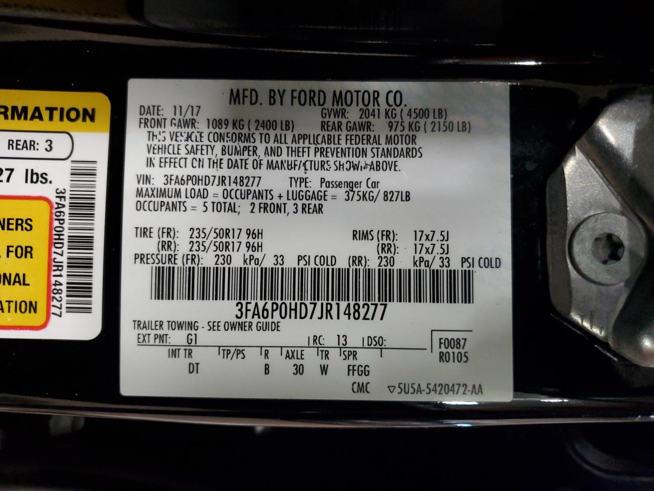 VIN 3FA6P0HD7JR148277 2018 FORD FUSION no.12