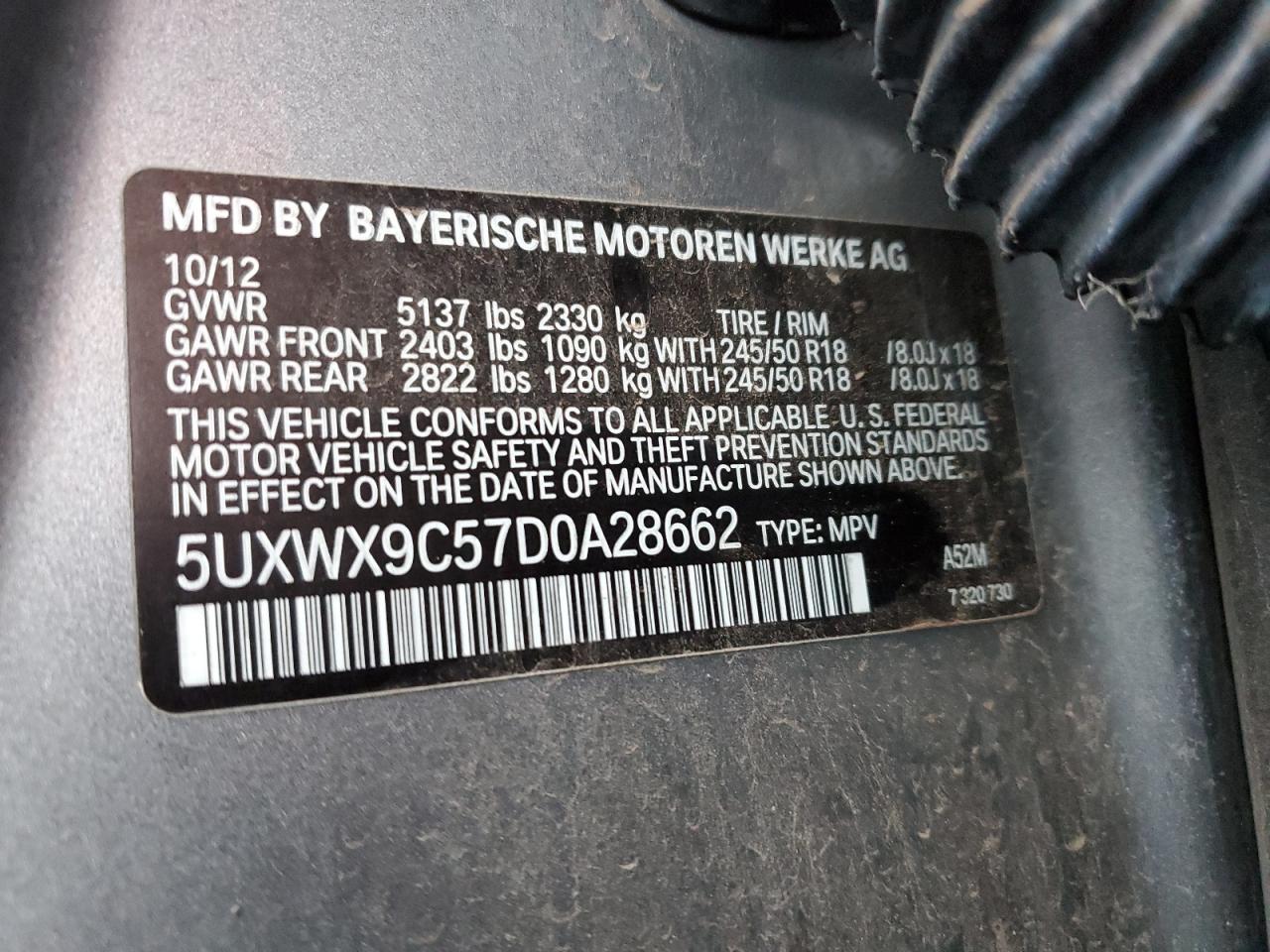 2013 BMW X3 xDrive28I VIN: 5UXWX9C57D0A28662 Lot: 86642444