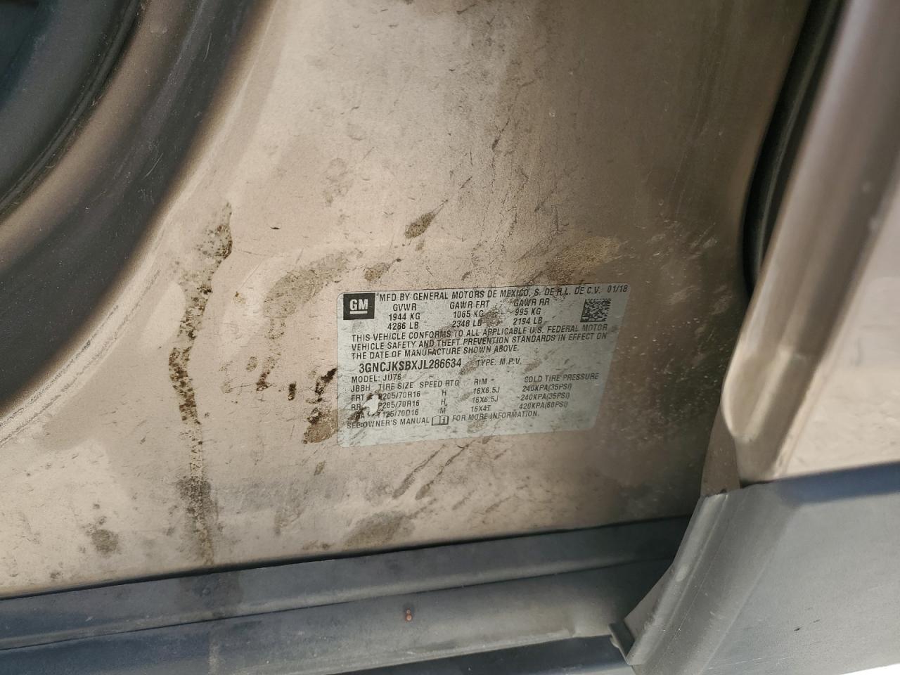 2018 Chevrolet Trax Ls VIN: 3GNCJKSBXJL286634 Lot: 84504864