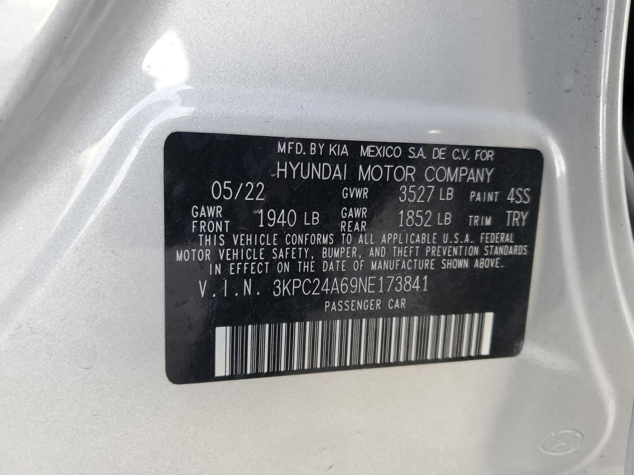 VIN 3KPC24A69NE173841 2022 HYUNDAI ACCENT no.12