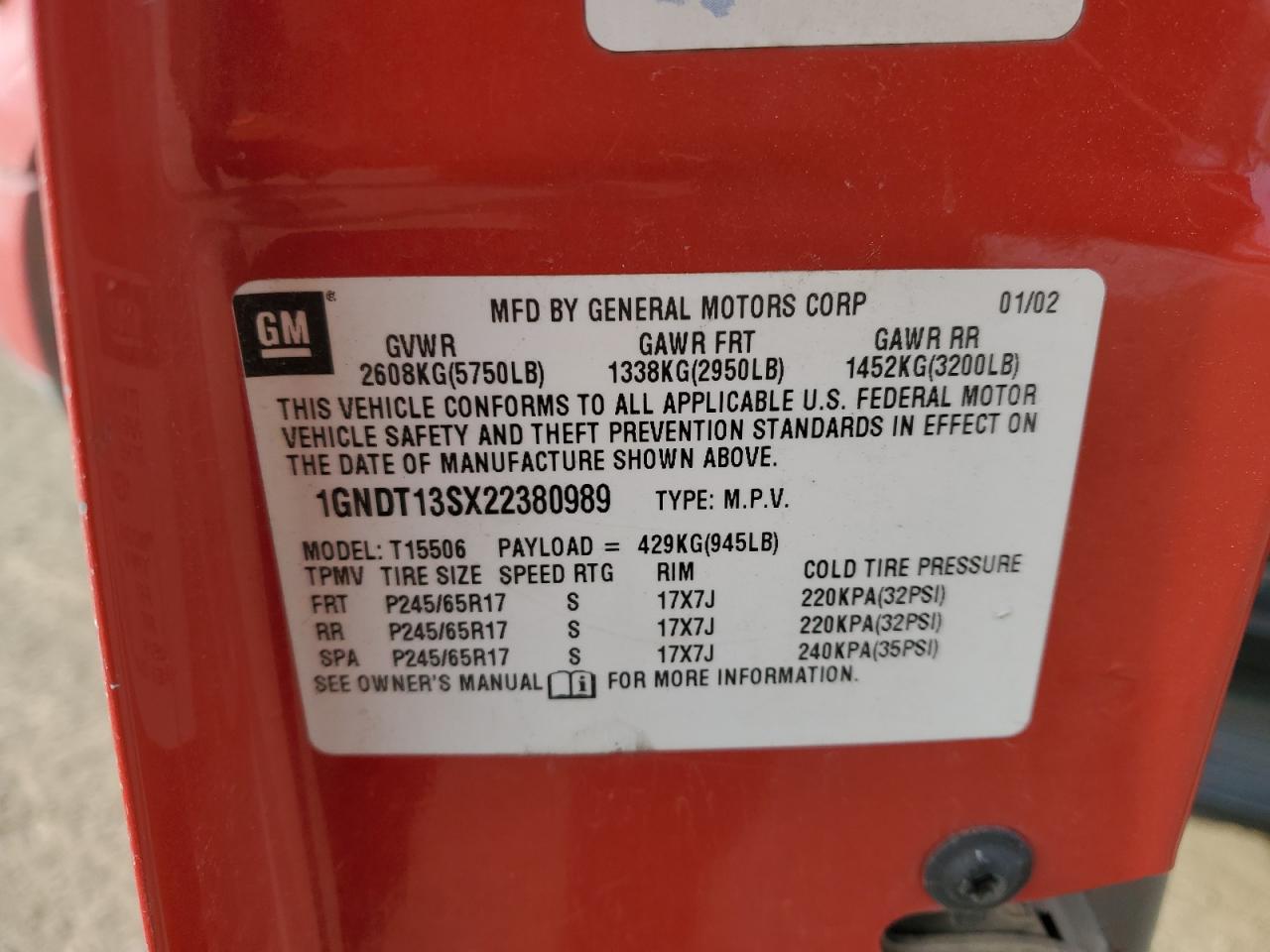 2002 Chevrolet Trailblazer VIN: 1GNDT13SX22380989 Lot: 84230634