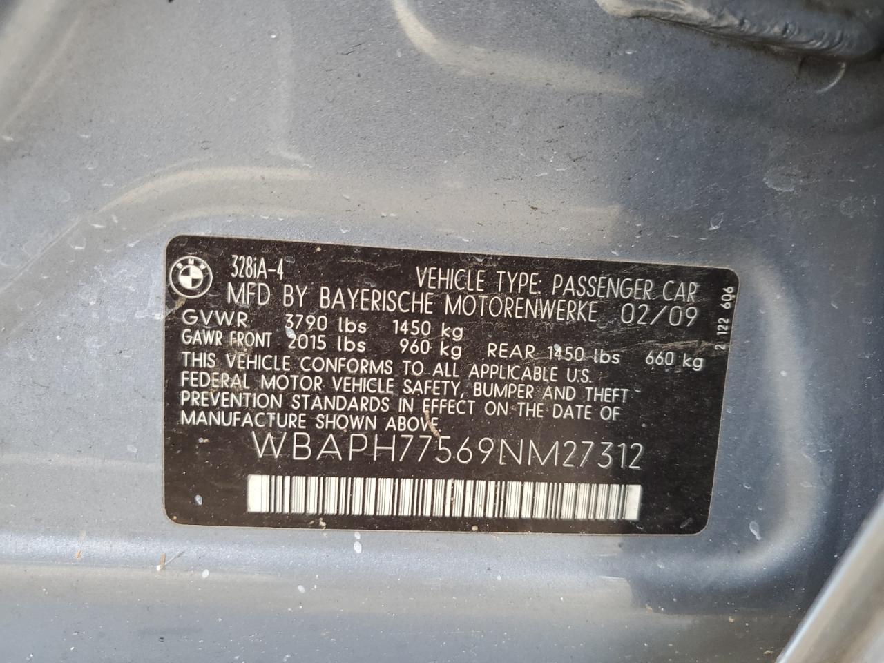 2009 BMW 328 I VIN: WBAPH77569NM27312 Lot: 44302435