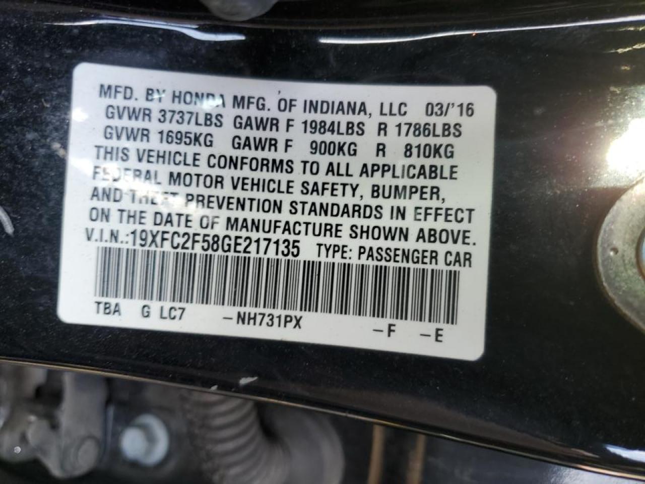 VIN 19XFC2F58GE217135 2016 HONDA CIVIC no.13