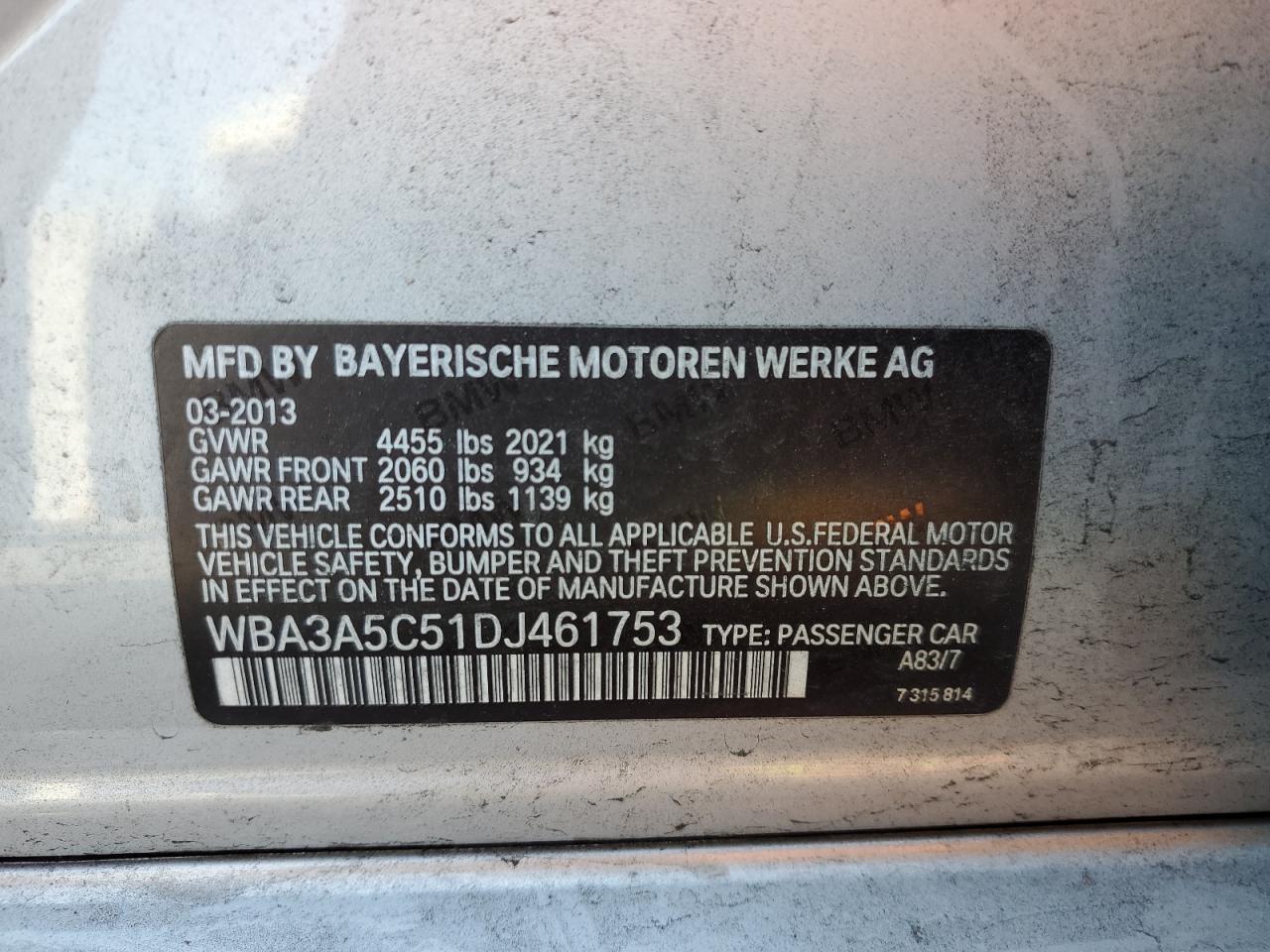 VIN WBA3A5C51DJ461753 2013 BMW 3 SERIES no.12