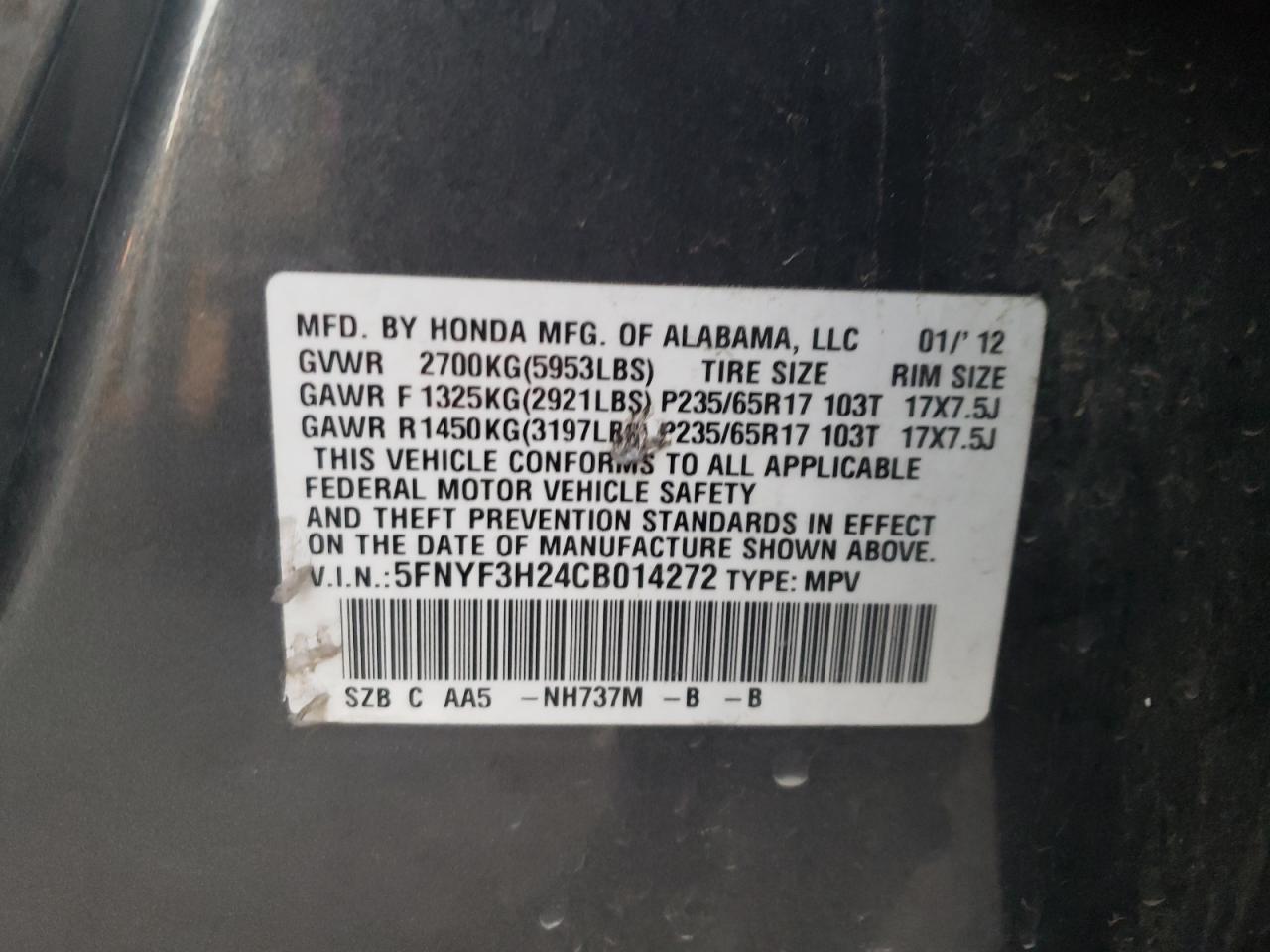 2012 Honda Pilot Lx VIN: 5FNYF3H24CB014272 Lot: 83238854