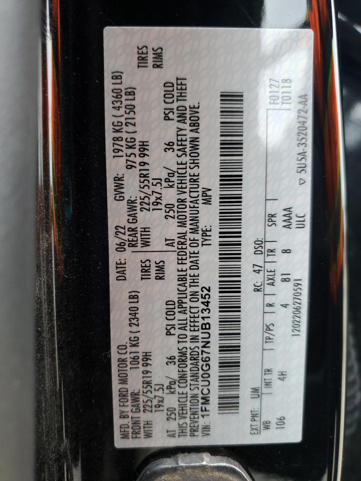 2022 Ford Escape Se VIN: 1FMCU0G67NUB13452 Lot: 85640214