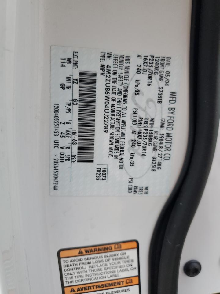 2004 Mercury Mountaineer VIN: 4M2ZU86W04UJ22789 Lot: 85657134