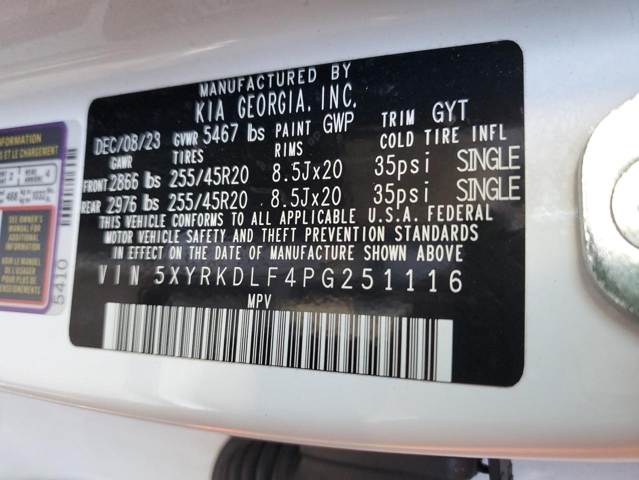 2023 Kia Sorento Sx VIN: 5XYRKDLF4PG251116 Lot: 84370804