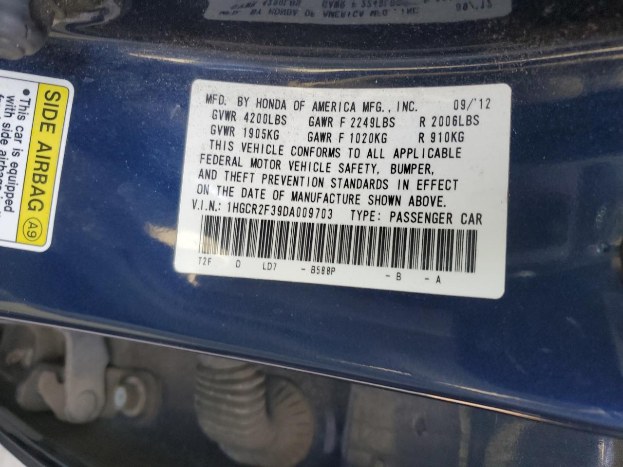 VIN 1HGCR2F39DA009703 2013 HONDA ACCORD no.13