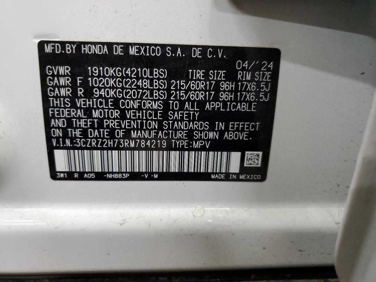 2024 Honda Hr-V Exl VIN: 3CZRZ2H73RM784219 Lot: 84283994