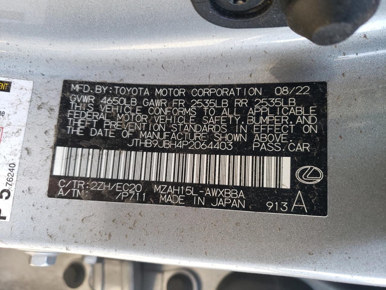 2023 Lexus Ux 250H Base VIN: JTHB9JBH4P2064403 Lot: 85747204