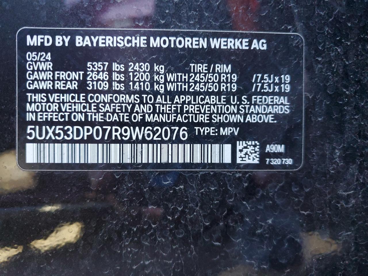 VIN 5UX53DP07R9W62076 2024 BMW X3 no.13