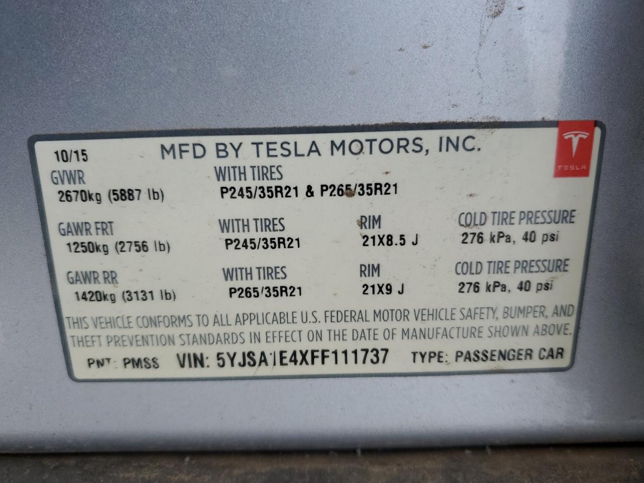 VIN 5YJSA1E4XFF111737 2015 TESLA MODEL S no.13