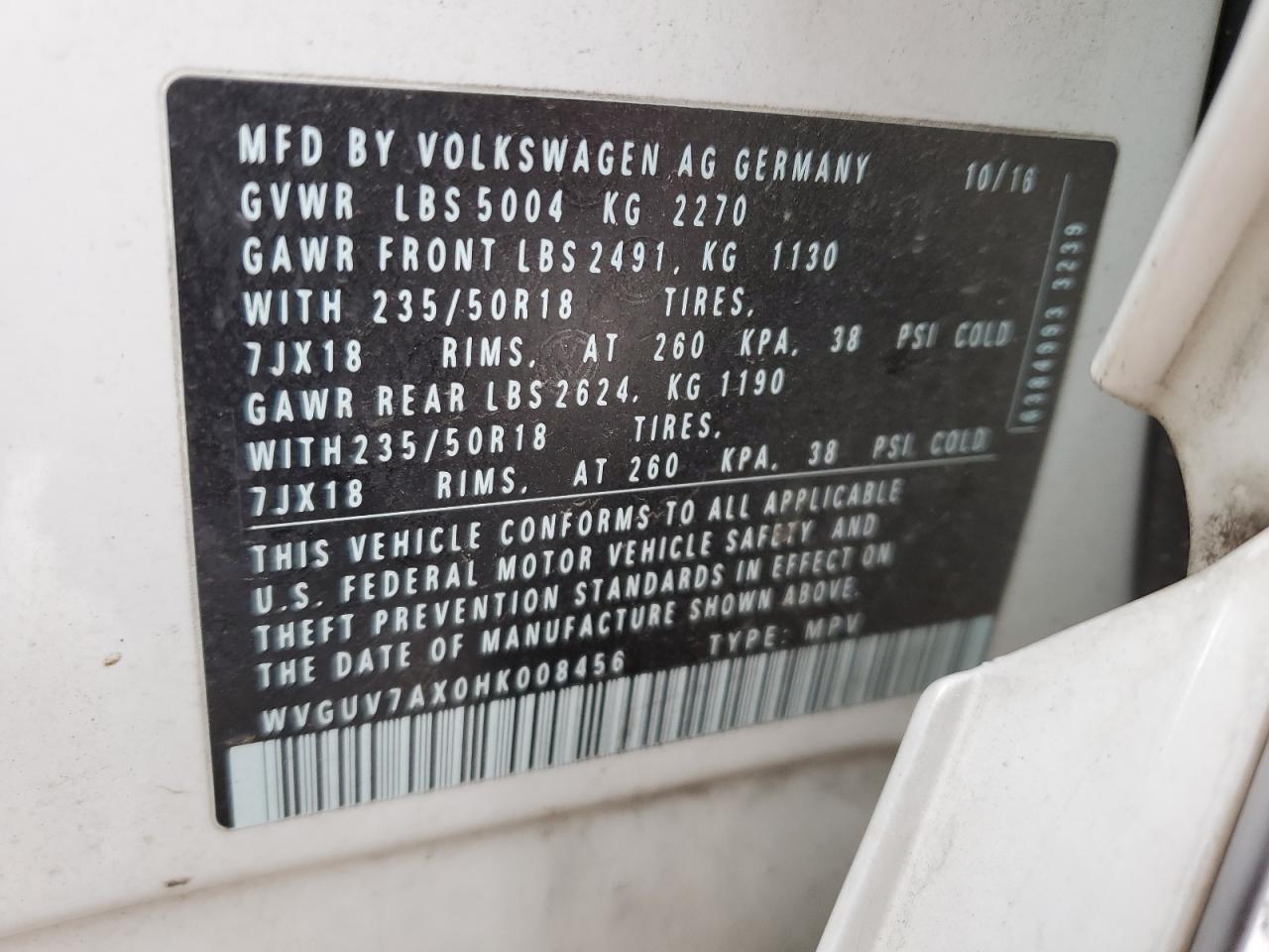 2017 Volkswagen Tiguan Sport VIN: WVGUV7AX0HK008456 Lot: 84957714