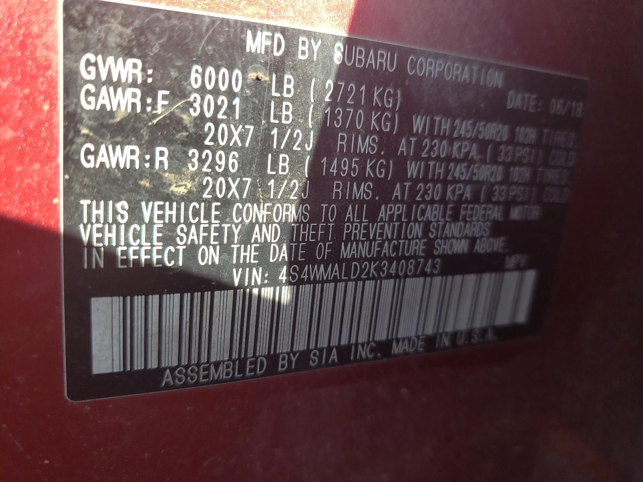 2019 Subaru Ascent Limited VIN: 4S4WMALD2K3408743 Lot: 83682984