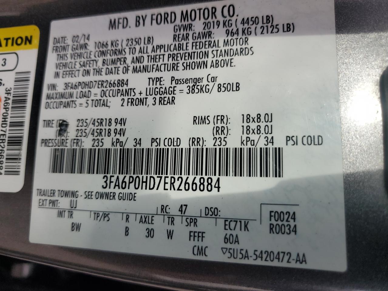 VIN 3FA6P0HD7ER266884 2014 FORD FUSION no.12