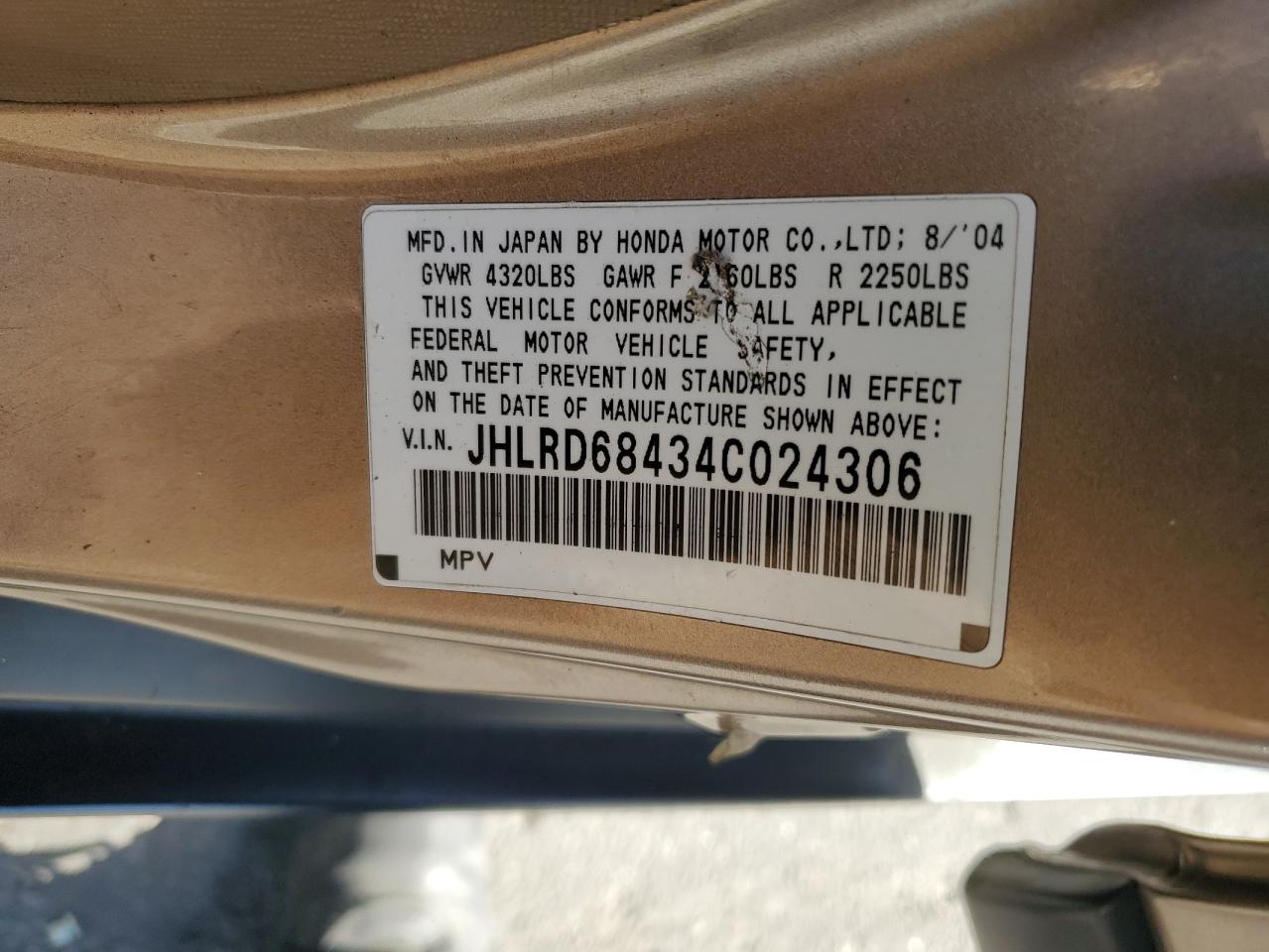 2004 Honda Cr-V Lx VIN: JHLRD68434C024306 Lot: 86022394