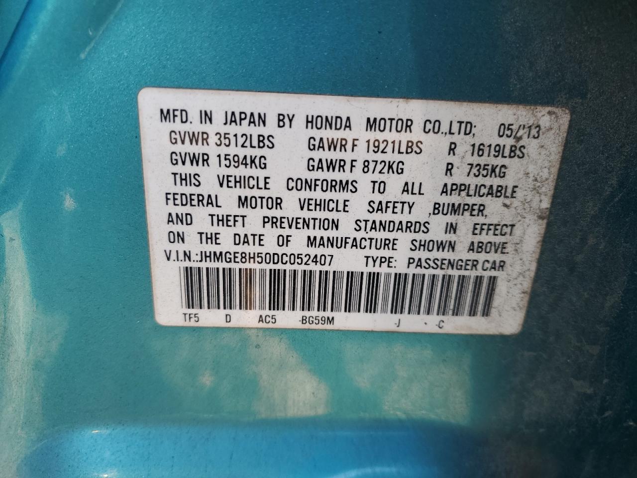 VIN JHMGE8H50DC052407 2013 HONDA FIT no.12