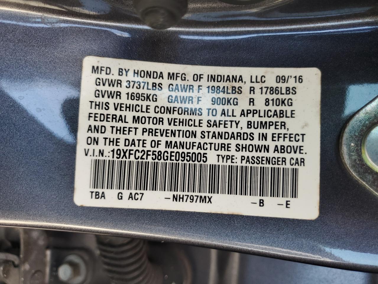 VIN 19XFC2F58GE095005 2016 HONDA CIVIC no.12