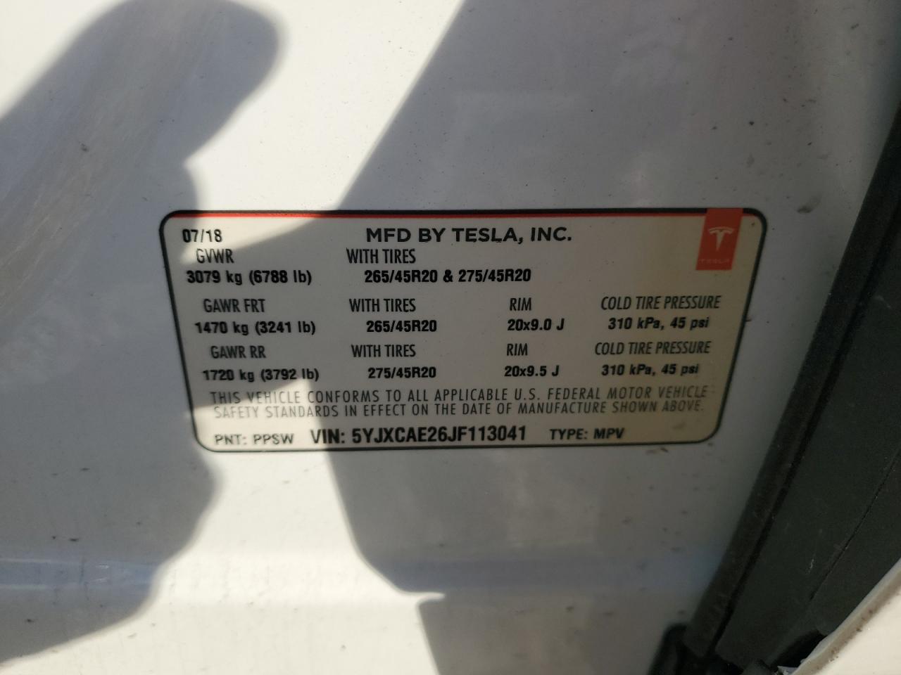 VIN 5YJXCAE26JF113041 2018 TESLA MODEL X no.13