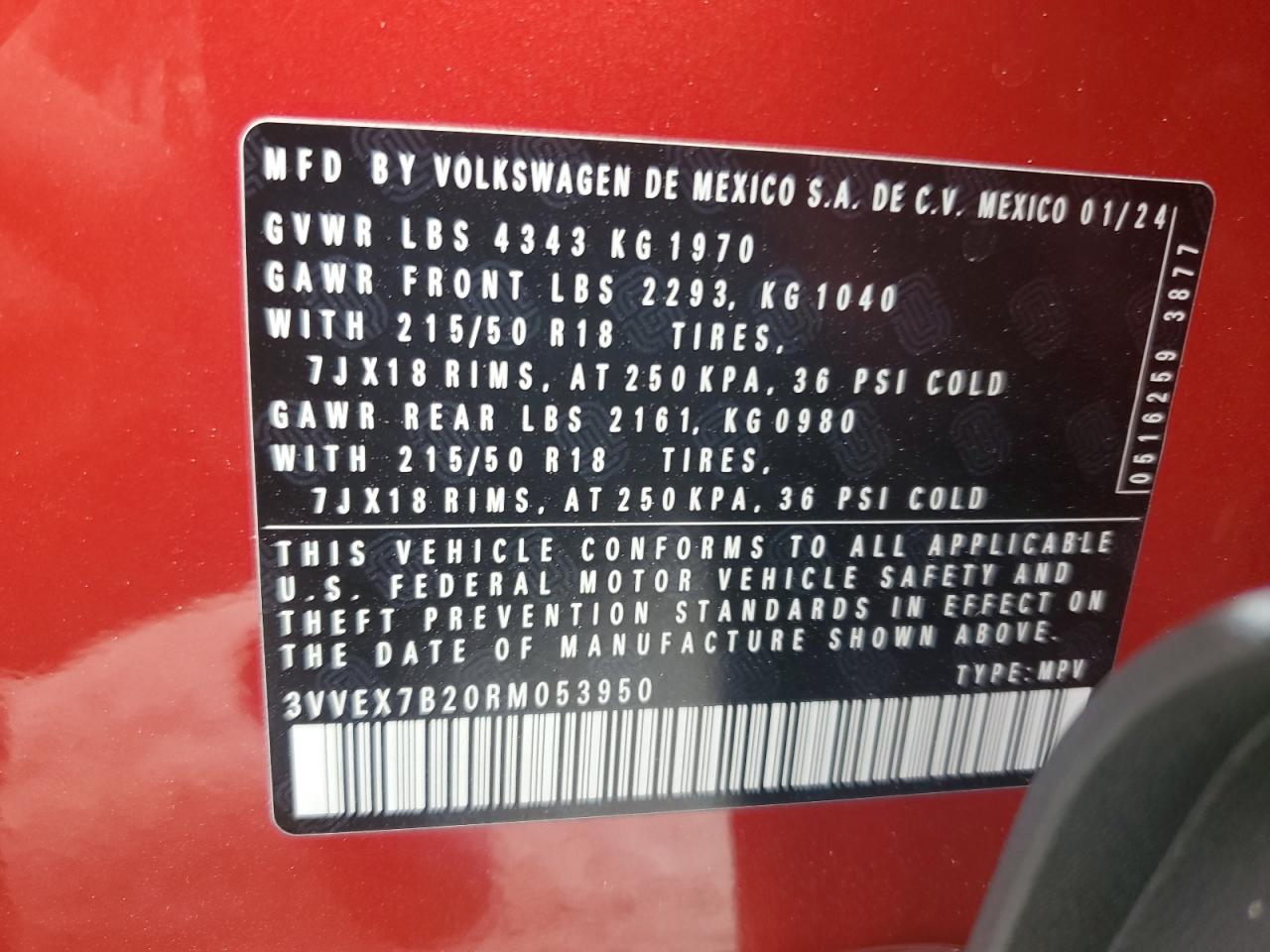 2024 Volkswagen Taos Se VIN: 3VVEX7B20RM053950 Lot: 83832684