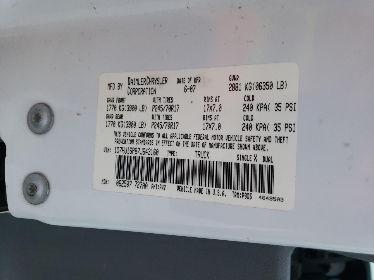 2007 Dodge Ram 1500 St VIN: 1D7HU16P87J643160 Lot: 83699744