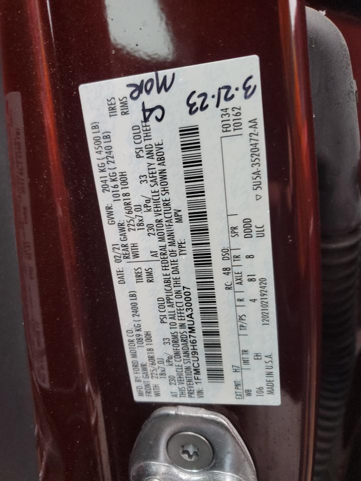 2021 Ford Escape Sel VIN: 1FMCU9H67MUA30007 Lot: 87210184