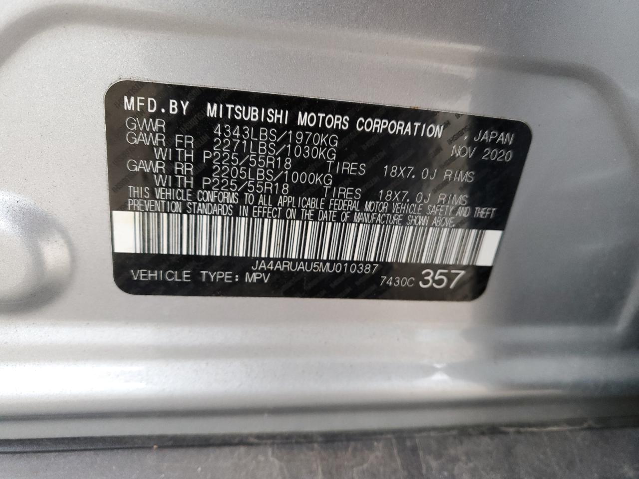 VIN JA4ARUAU5MU010387 2021 MITSUBISHI OUTLANDER no.12