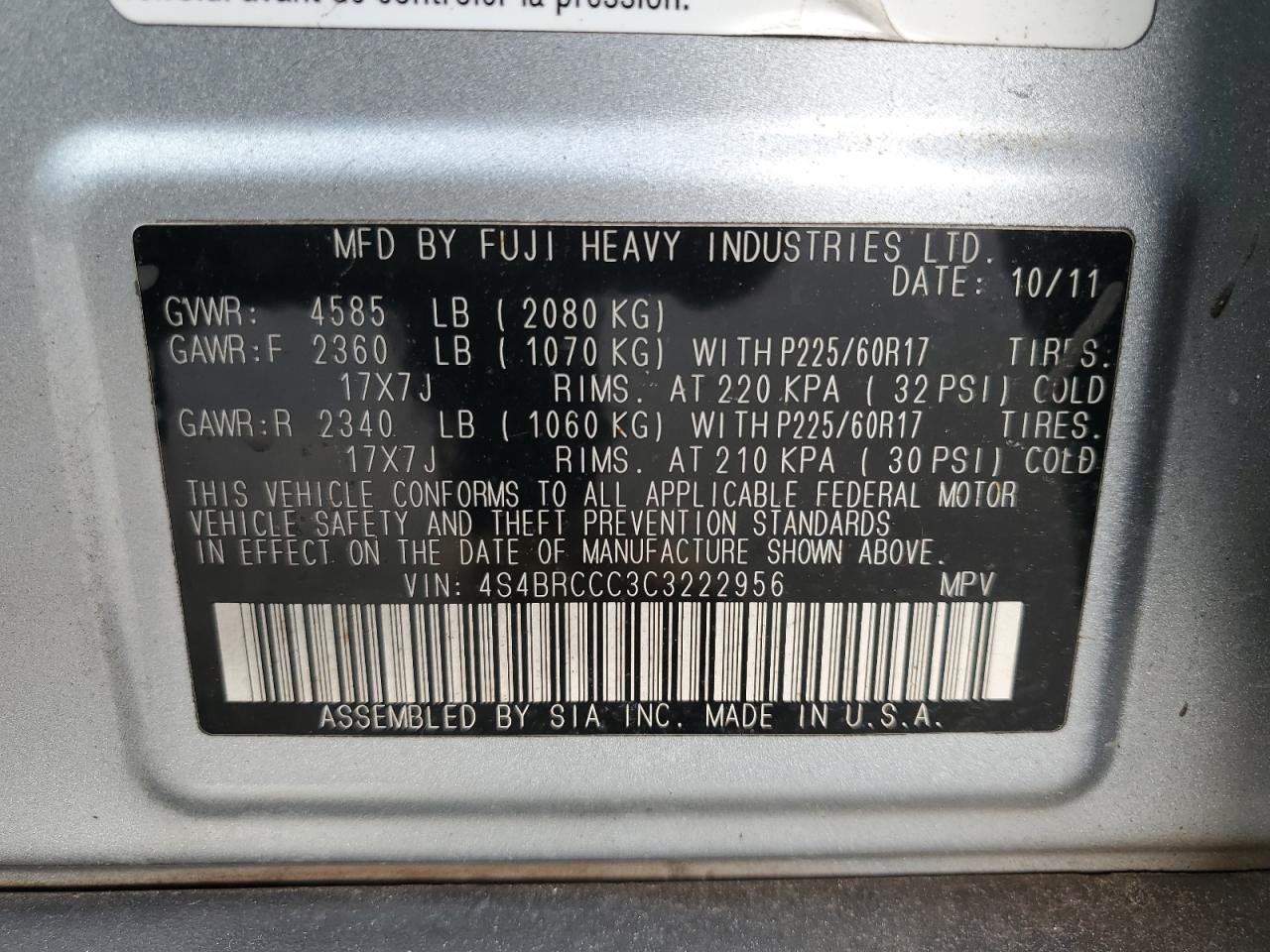 2012 Subaru Outback 2.5I Premium VIN: 4S4BRCCC3C3222956 Lot: 84380824