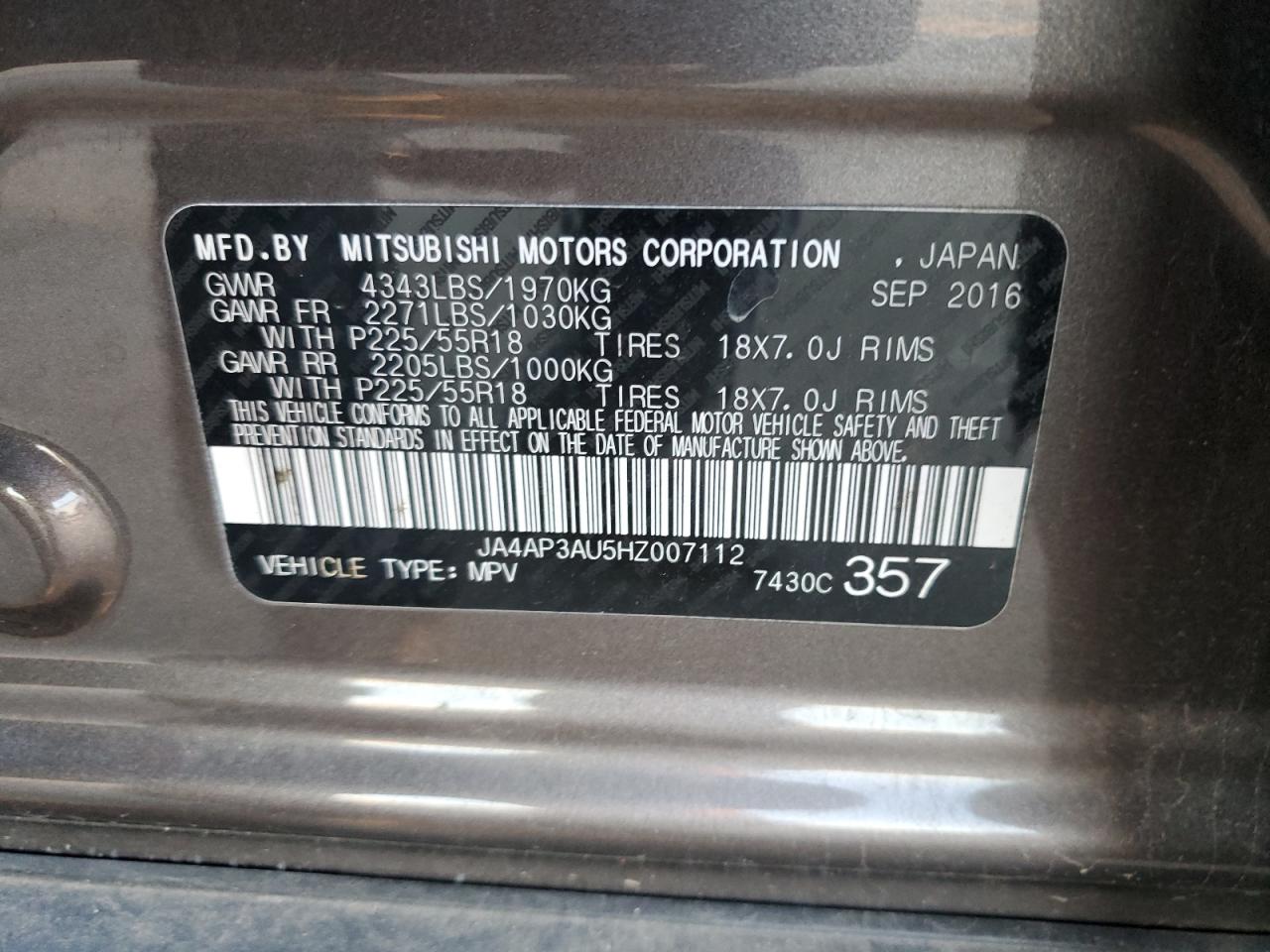 VIN JA4AP3AU5HZ007112 2017 MITSUBISHI OUTLANDER no.12