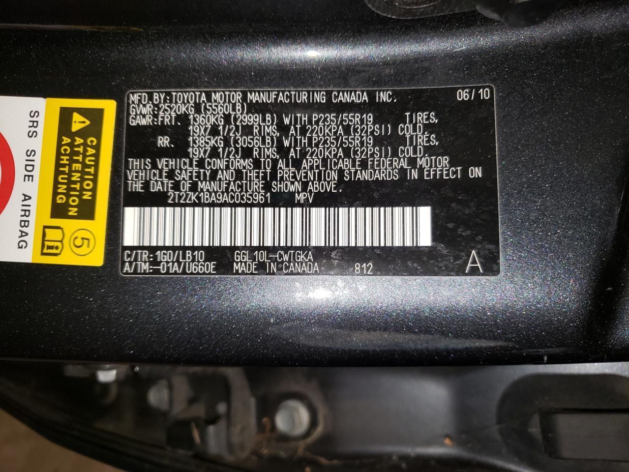 2010 Lexus Rx 350 VIN: 2T2ZK1BA9AC035961 Lot: 84829434