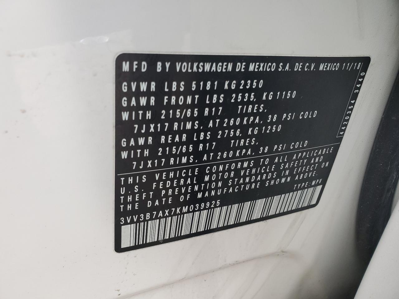 2019 Volkswagen Tiguan Se VIN: 3VV3B7AX7KM039925 Lot: 84608544